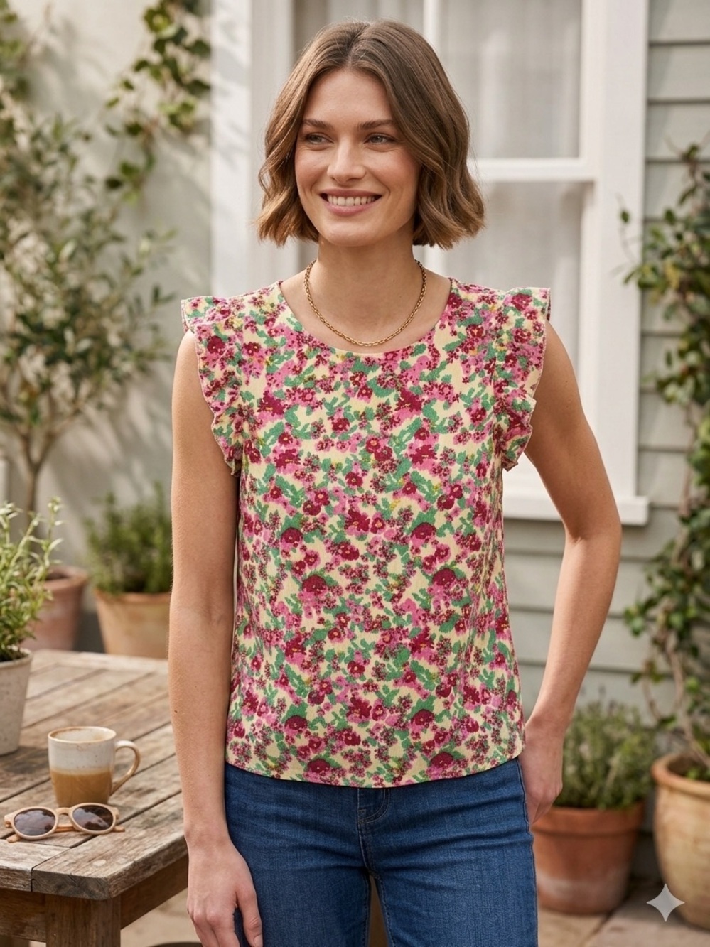 ICHI Floral Ruffle Sleeve Tank Top - Pink Floral Small​